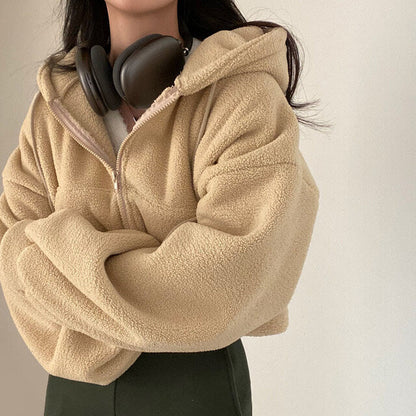 Damen Herbst Kapuzenpullover Lockere Passform Lammstruktur Langarm