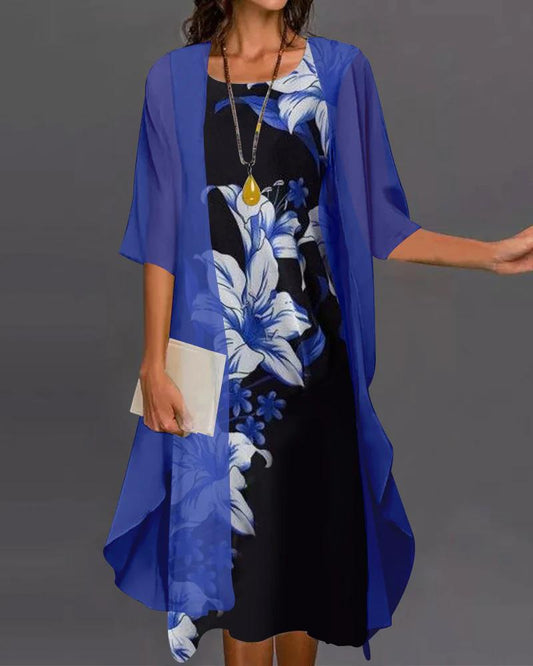 Zweiteiliges Blumenprint-Kleid mit asymmetrischem Saum & halblangen Ärmeln | Perfekt für Frühling & Sommer