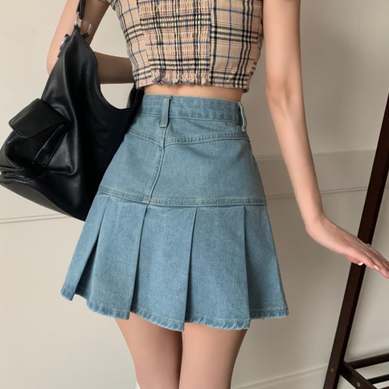 Damen Frühjahrs-Minirock mit hohem Bund und Falten-Design aus Denim