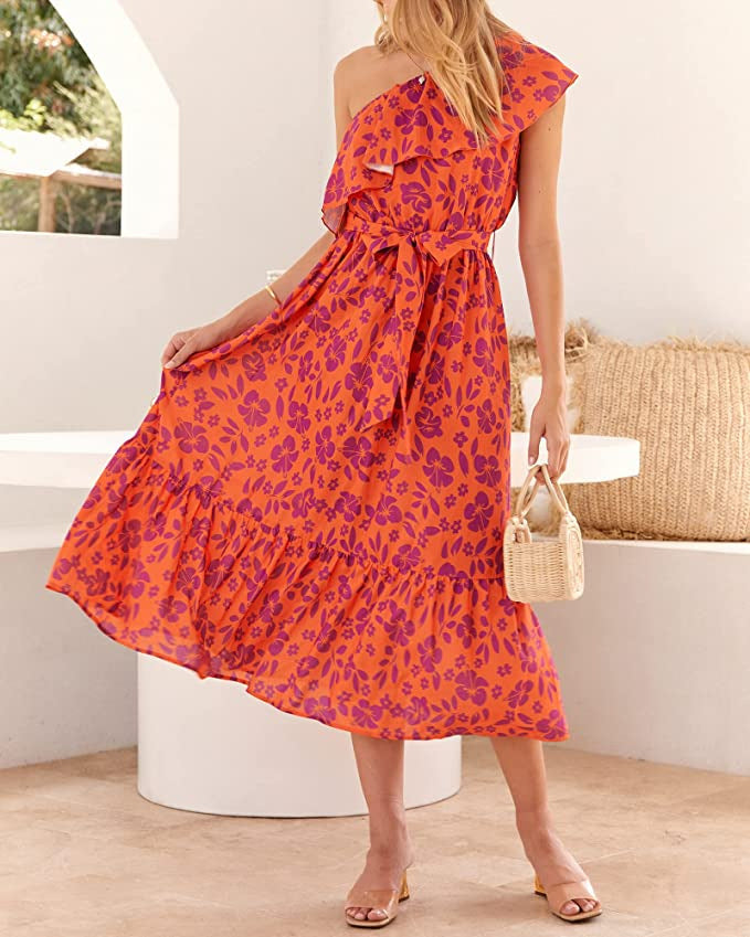 Ärmelloses Boho-Kleid mit asymmetrischer Schulter, hoher Taille und floralem Muster | Ideal für Frühling und Sommer