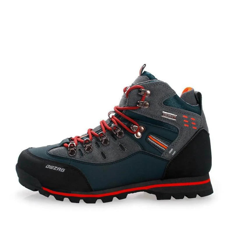 Grauer und schwarzer Wanderschuh mit rotem Schnürsystem, robustem Profil und Markenlogo. Ideal für Outdoor-Aktivitäten und Trekking.
