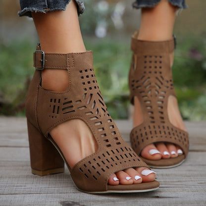 Damen Herbst-Römersandalen mit Hohl-Design, Fischmaul-Spitze, hohem quadratischem Absatz und Reißverschluss hinten