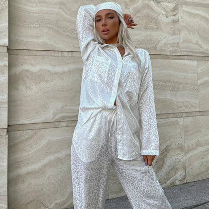 Damen Pyjama-Set mit Leopardenmuster, Langarm-Button-Up-Top und Bindehose
