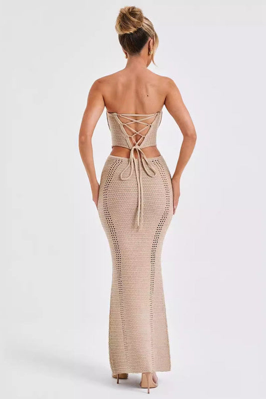 Damen Sommer Zweiteiliges Kleid-Set mit Tube-Top, figurbetontem Rock und Rückenausschnitt