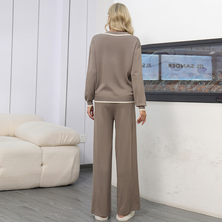 Damen Frühlings Zweiteiliges Strick-Set mit Langarm-Oberteil und Weitbein-Hose