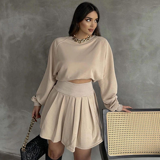 Damen-Herbst-Strickpullover und Faltenrock-Set mit langen Ärmeln und Micro-Elastizität