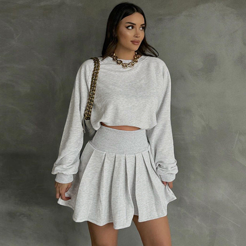Damen-Herbst-Strickpullover und Faltenrock-Set mit langen Ärmeln und Micro-Elastizität