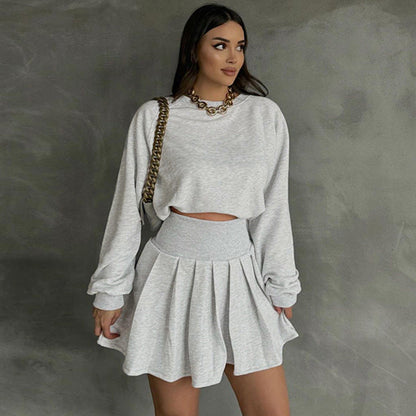 Damen-Herbst-Strickpullover und Faltenrock-Set mit langen Ärmeln und Micro-Elastizität