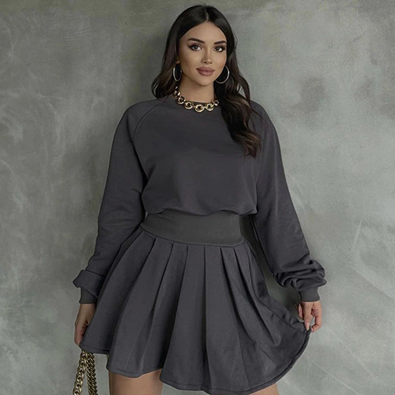 Damen-Herbst-Strickpullover und Faltenrock-Set mit langen Ärmeln und Micro-Elastizität