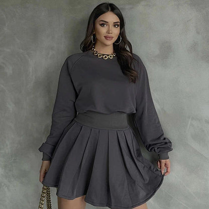 Damen-Herbst-Strickpullover und Faltenrock-Set mit langen Ärmeln und Micro-Elastizität