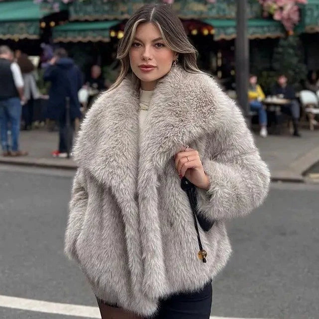 Damen Herbst Kunstpelzjacke kurz mit großem Revers und normalen Ärmeln