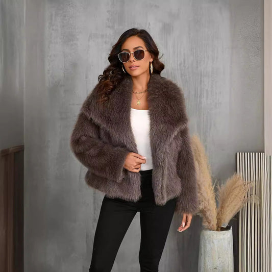 Damen Herbst Kunstpelzjacke kurz mit großem Revers und normalen Ärmeln