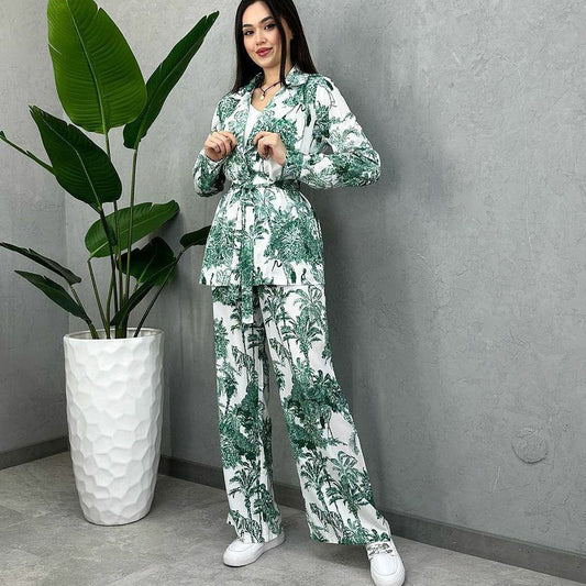 Damen Zweiteiliges Frühlings-Set mit Digitalem Pflanzenmuster und Schnürdetail