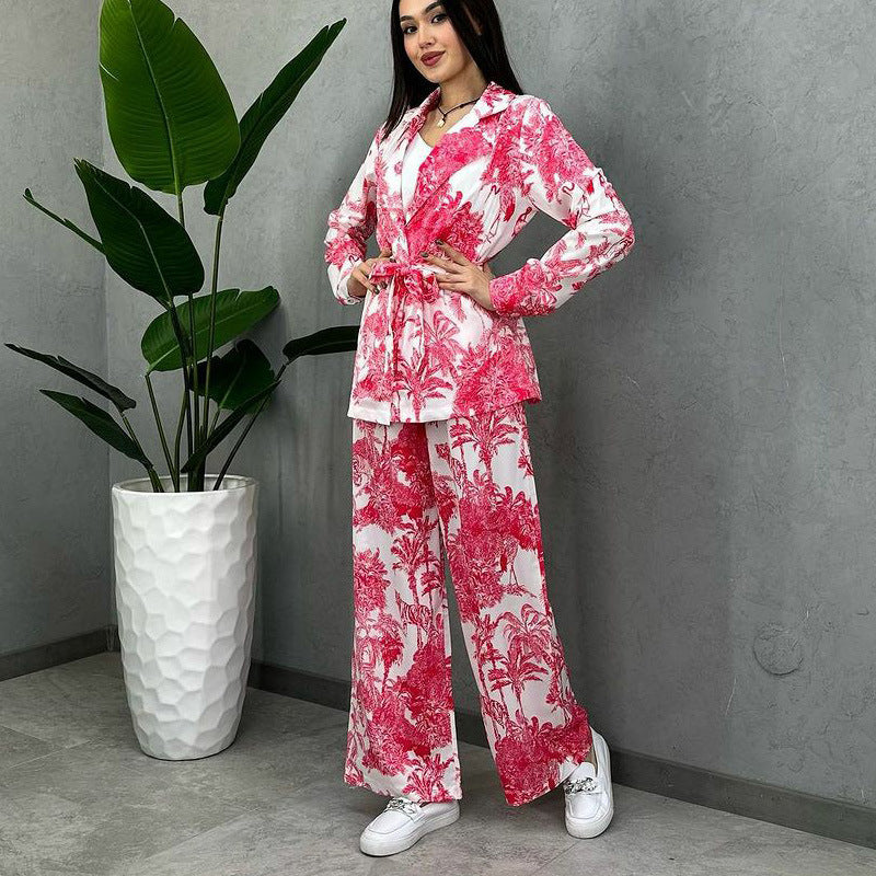 Damen Zweiteiliges Frühlings-Set mit Digitalem Pflanzenmuster und Schnürdetail