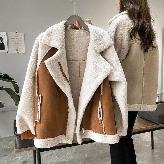 Damen Herbst Wildlederjacke kurz im Motorradstil mit Lammveloursfutter und Reißverschluss