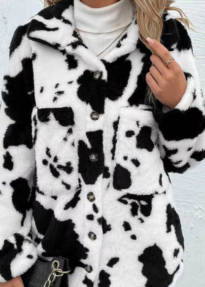 Damen Winter Wendbarer Plüschmantel mit Kuhmuster im Cardigan-Stil und Vordertaschen