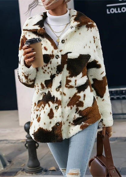 Damen Winter Wendbarer Plüschmantel mit Kuhmuster im Cardigan-Stil und Vordertaschen