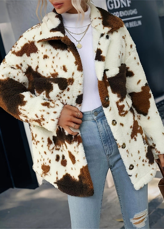Damen Winter Wendbarer Plüschmantel mit Kuhmuster im Cardigan-Stil und Vordertaschen