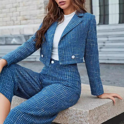 Damen Frühlings-Set mit Doppelreihigem Blazer und Weitbeiniger Hose