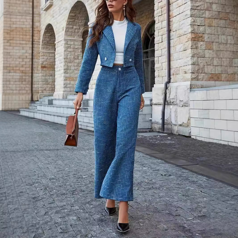 Damen Frühlings-Set mit Doppelreihigem Blazer und Weitbeiniger Hose