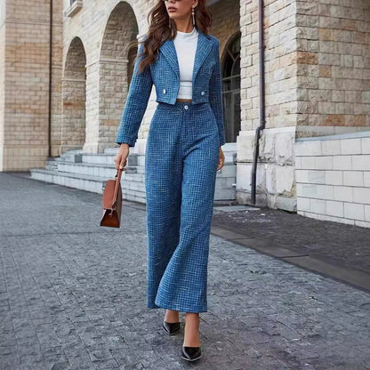 Damen Frühlings-Set mit Doppelreihigem Blazer und Weitbeiniger Hose