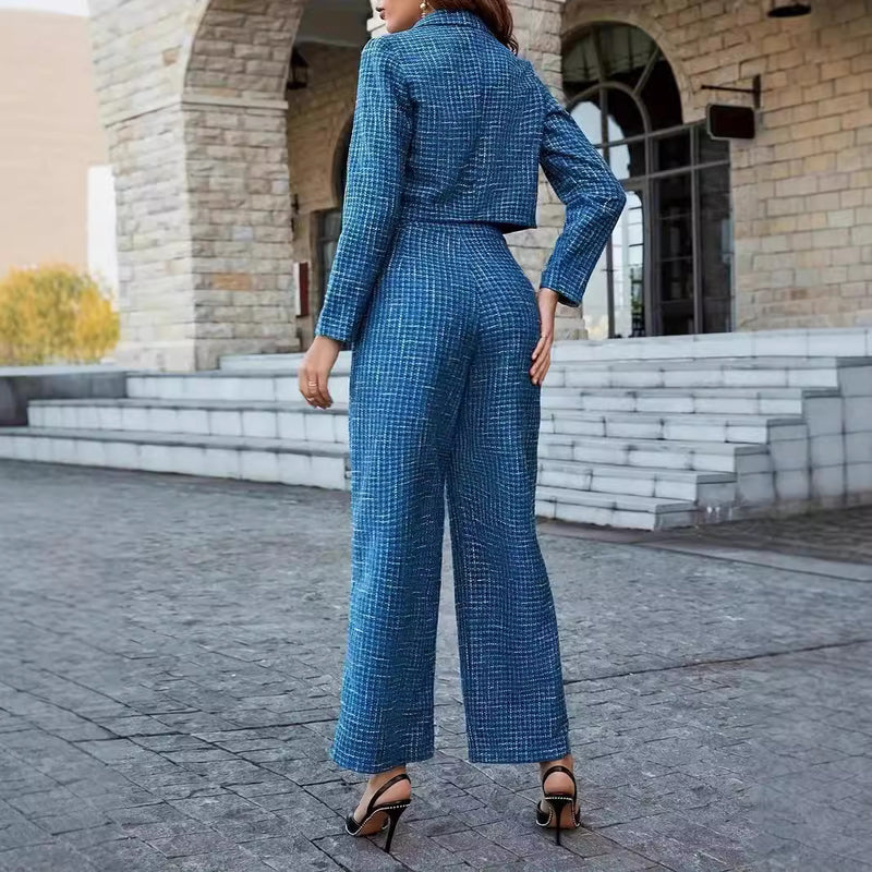 Damen Frühlings-Set mit Doppelreihigem Blazer und Weitbeiniger Hose
