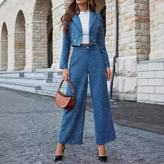 Damen Frühlings-Set mit Doppelreihigem Blazer und Weitbeiniger Hose