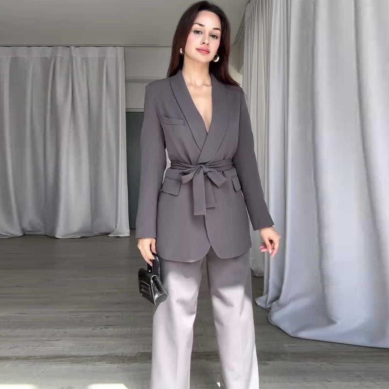 Damen Frühlingsanzug mit hoher Taille, weitem Bein, Blazer mit langen Ärmeln und Taillengürtel