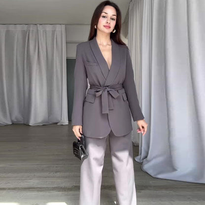 Damen Frühlingsanzug mit hoher Taille, weitem Bein, Blazer mit langen Ärmeln und Taillengürtel