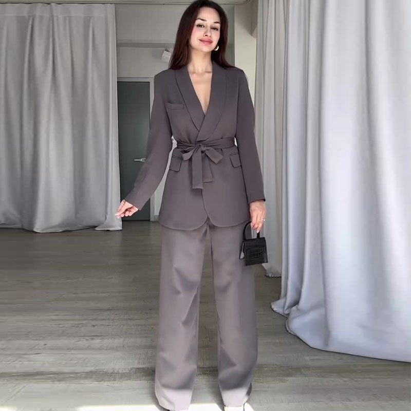 Damen Frühlingsanzug mit hoher Taille, weitem Bein, Blazer mit langen Ärmeln und Taillengürtel