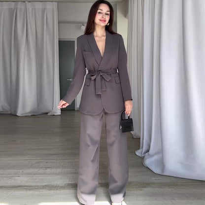 Damen Frühlingsanzug mit hoher Taille, weitem Bein, Blazer mit langen Ärmeln und Taillengürtel