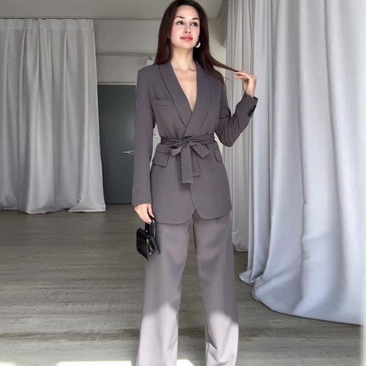 Damen Frühlingsanzug mit hoher Taille, weitem Bein, Blazer mit langen Ärmeln und Taillengürtel