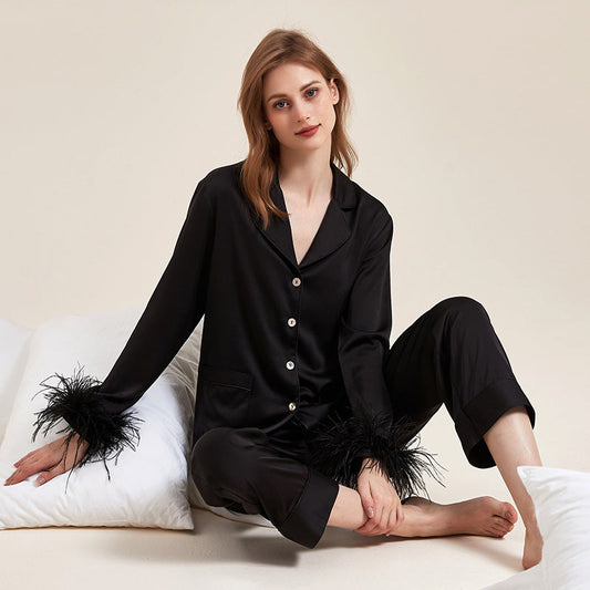Damen Sommer-Pyjama-Set mit abnehmbarer Federverzierung und elastischem Bund