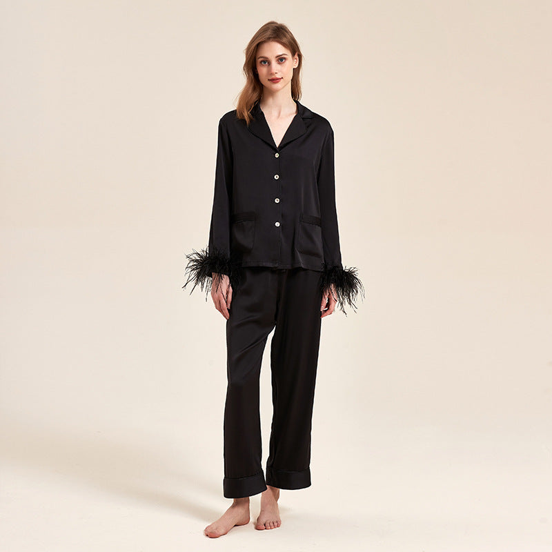 Damen Sommer-Pyjama-Set mit abnehmbarer Federverzierung und elastischem Bund