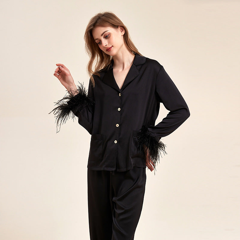 Damen Sommer-Pyjama-Set mit abnehmbarer Federverzierung und elastischem Bund