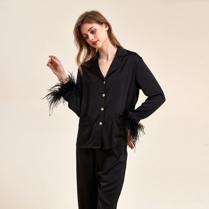 Damen Sommer-Pyjama-Set mit abnehmbarer Federverzierung und elastischem Bund