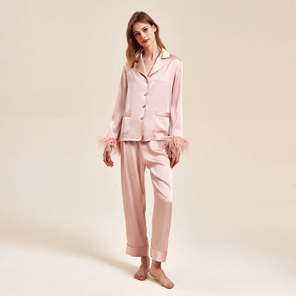 Damen Sommer-Pyjama-Set mit abnehmbarer Federverzierung und elastischem Bund