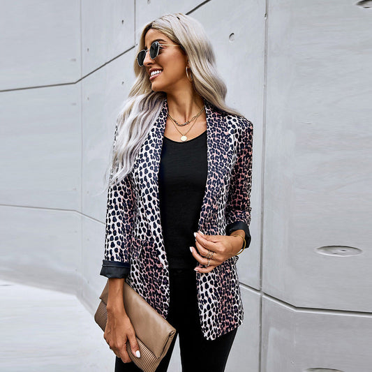 Damen Frühling Blazer mit Leopardenmuster, lockerer Passform und strukturierten Schultern