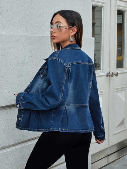 Damen Frühlings-Jeansjacke Kurz mit Verstellbarem Kordelzug in der Taille und Dekorativen Taschen
