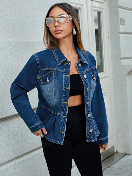 Damen Frühlings-Jeansjacke Kurz mit Verstellbarem Kordelzug in der Taille und Dekorativen Taschen