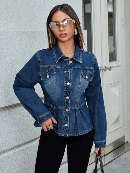 Damen Frühlings-Jeansjacke Kurz mit Verstellbarem Kordelzug in der Taille und Dekorativen Taschen
