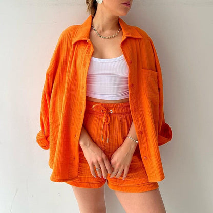 Damen Frühlings-Set mit Langarm-Lapelhemd und High-Waist-Shorts mit Kordelzug
