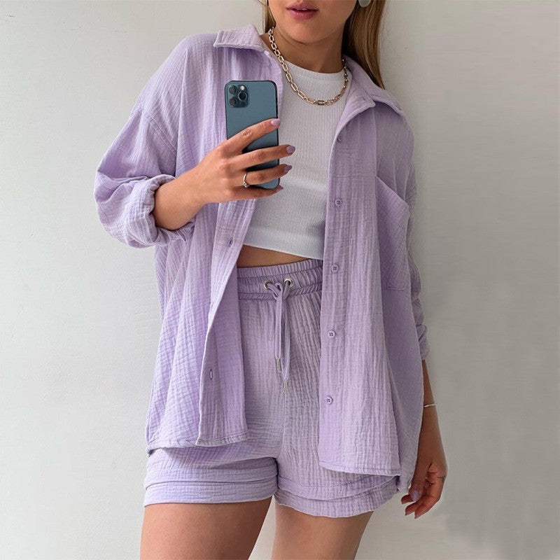 Damen Frühlings-Set mit Langarm-Lapelhemd und High-Waist-Shorts mit Kordelzug