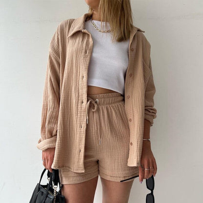 Damen Frühlings-Set mit Langarm-Lapelhemd und High-Waist-Shorts mit Kordelzug