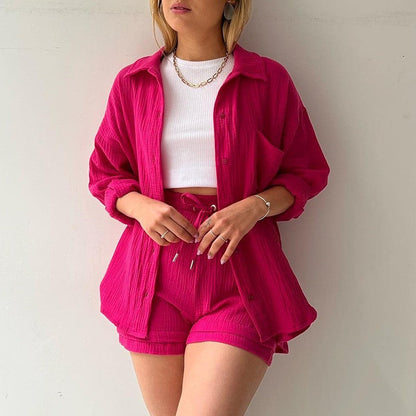 Damen Frühlings-Set mit Langarm-Lapelhemd und High-Waist-Shorts mit Kordelzug