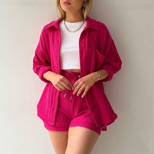 Damen Frühlings-Set mit Langarm-Lapelhemd und High-Waist-Shorts mit Kordelzug