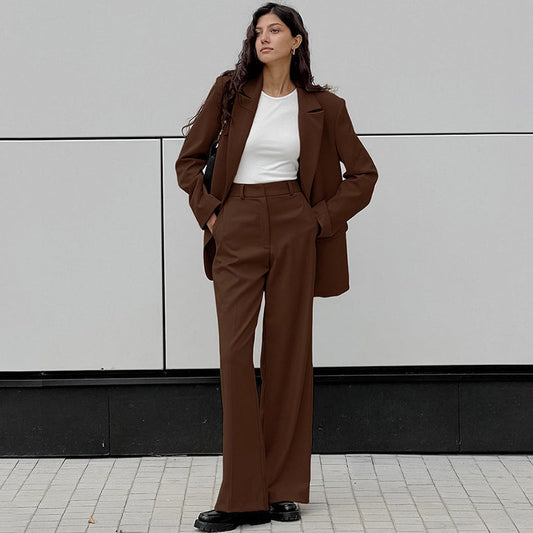 Damen Frühlings-Set mit Blazer und Hose – Einfarbige Jacke und Weitbein-Hose