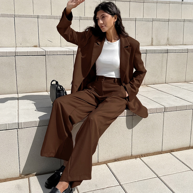 Damen Frühlings-Set mit Blazer und Hose – Einfarbige Jacke und Weitbein-Hose