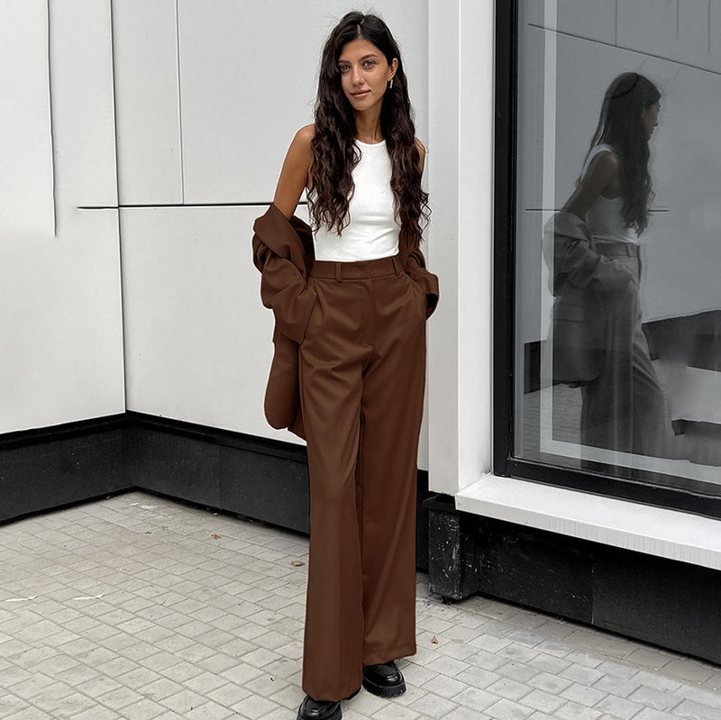 Damen Frühlings-Set mit Blazer und Hose – Einfarbige Jacke und Weitbein-Hose