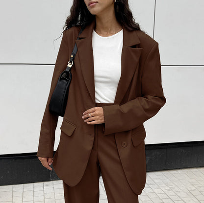 Damen Frühlings-Set mit Blazer und Hose – Einfarbige Jacke und Weitbein-Hose
